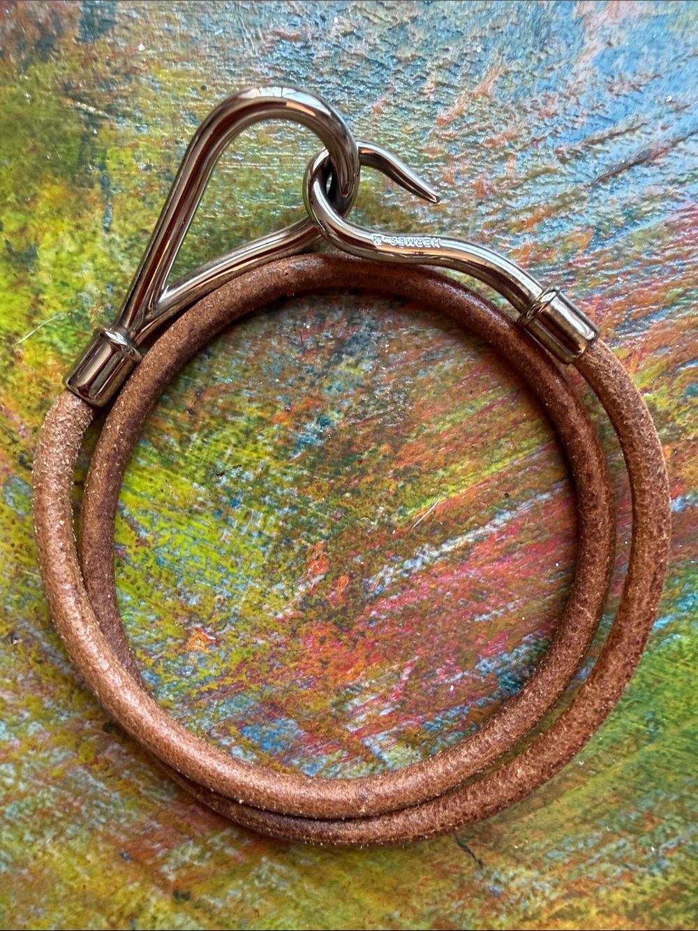 Hermes Hook Bracelet Jumbo Metal Logo Silver Color Brown Leather Chocker 14.5"